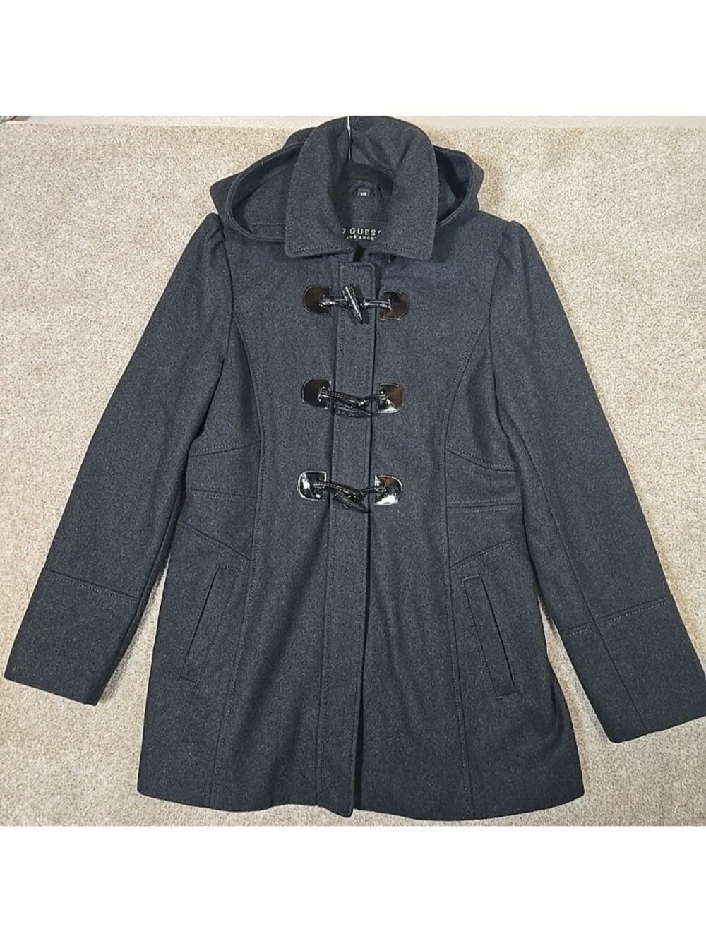 GUESS Wool Blend Winter Coat Gray Lined Toggle Buttons Removable Hood Women's L